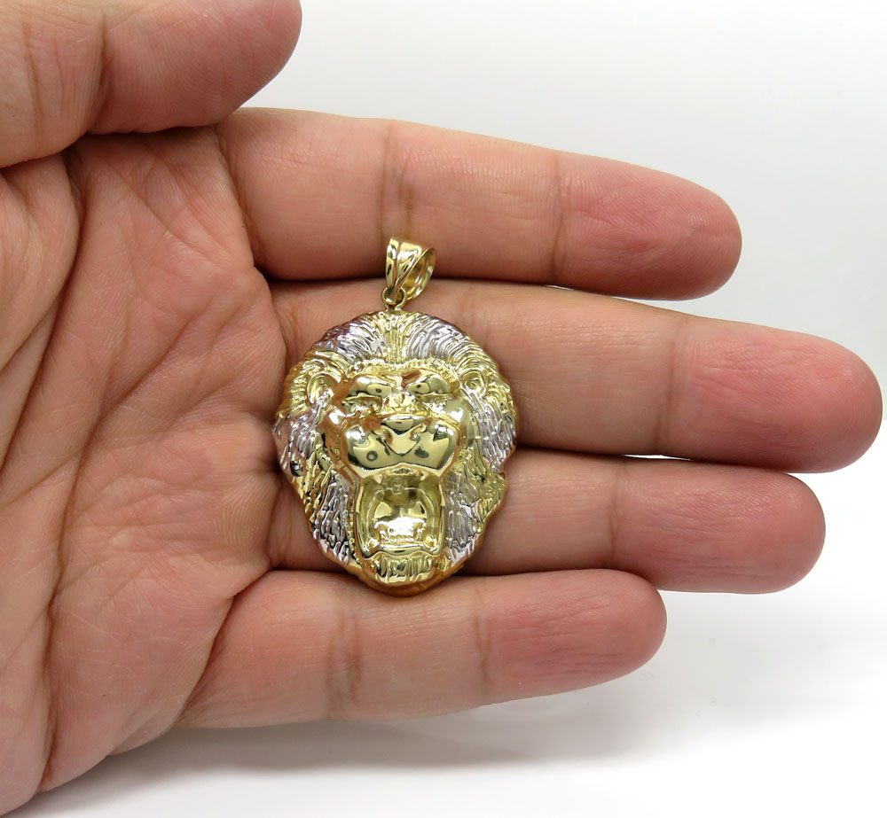 10k yellow gold two tone large 3d lion head pendant