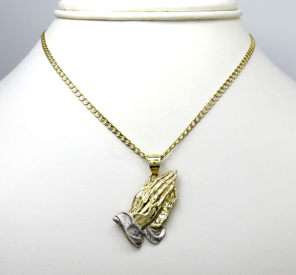 10K Yellow Gold Praying Hands Small Charm Necklace Pendant with 18 Length Chain
