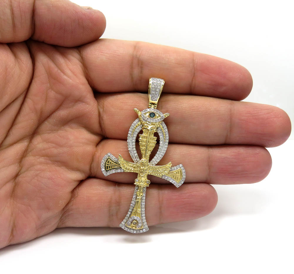 10k yellow gold diamond evil eye eagle ankh cross 0.92ct