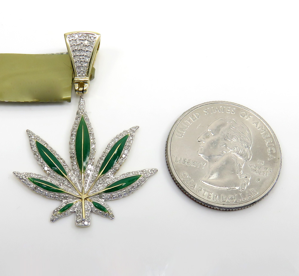 10k yellow gold diamond green enamel marijuana leaf pendant 0.62ct - Image 2