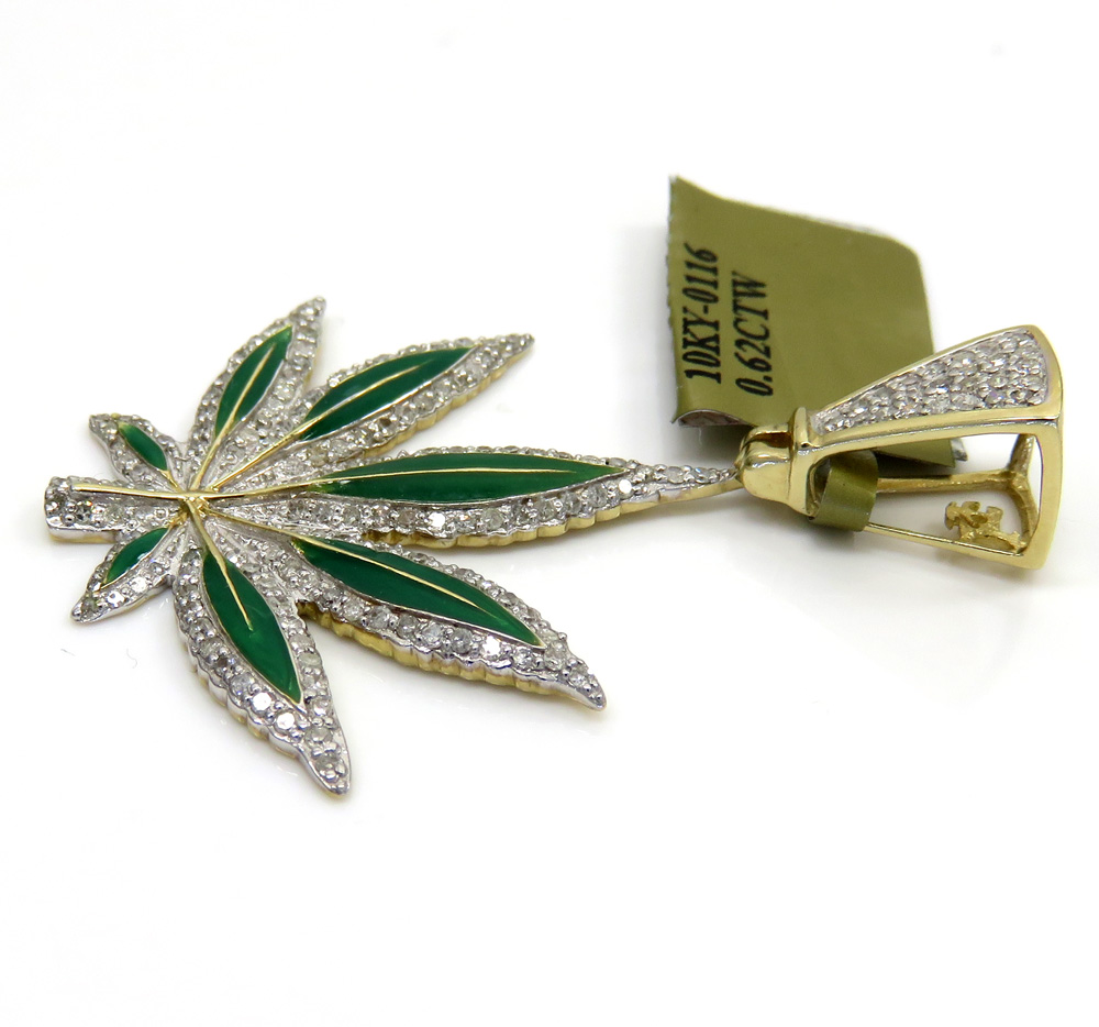 10k yellow gold diamond green enamel marijuana leaf pendant 0.62ct
