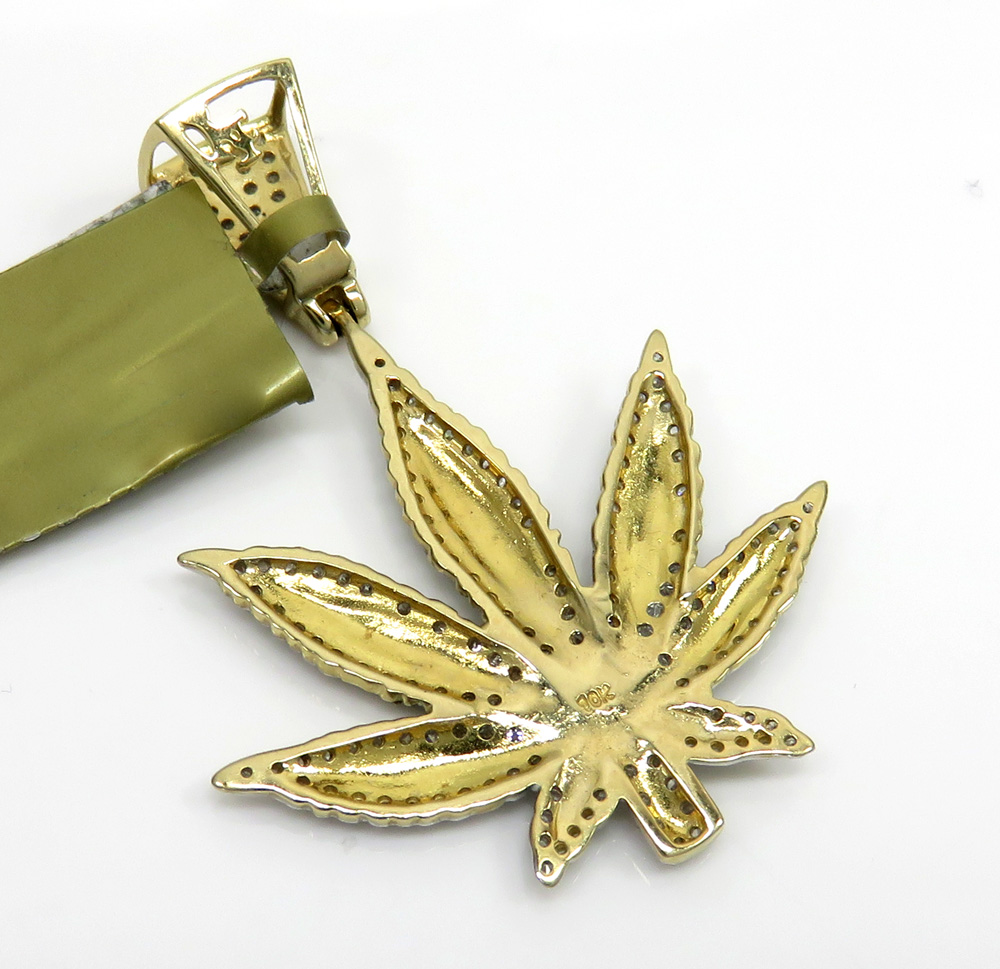10k yellow gold diamond green enamel marijuana leaf pendant 0.62ct - Image 4