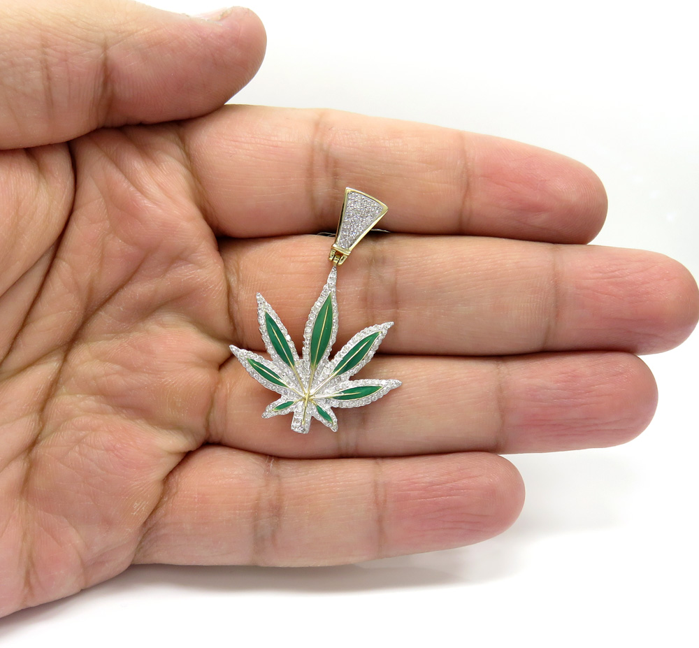 10k yellow gold diamond green enamel marijuana leaf pendant 0.62ct - Image 5