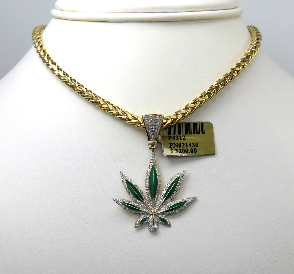 10k yellow gold diamond green enamel marijuana leaf pendant 0.62ct