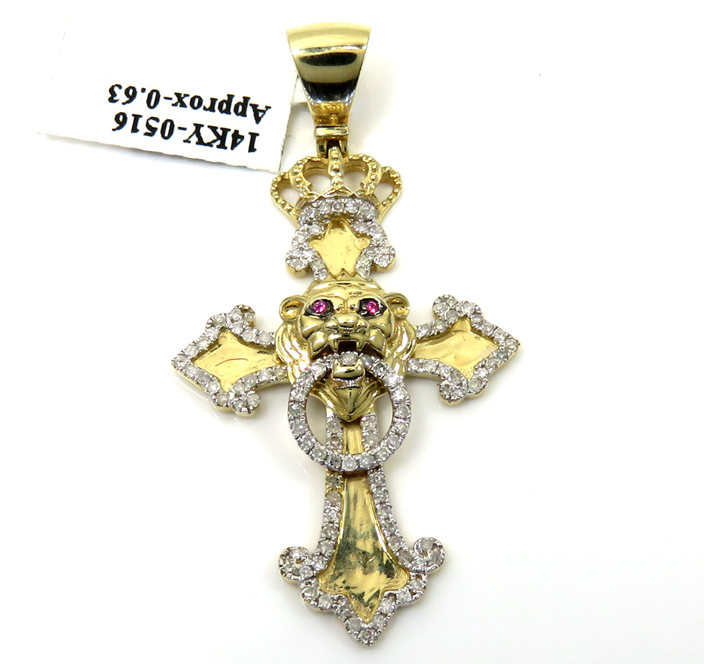 14k yellow gold crown lion head diamond cross pendant 0.63ct - Image 2