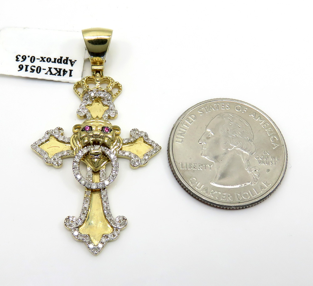 14k yellow gold crown lion head diamond cross pendant 0.63ct