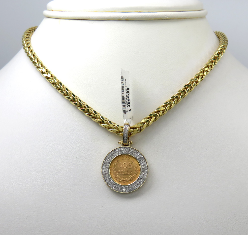 14k yellow gold diamond dos pesos coin pendant 0.52ct