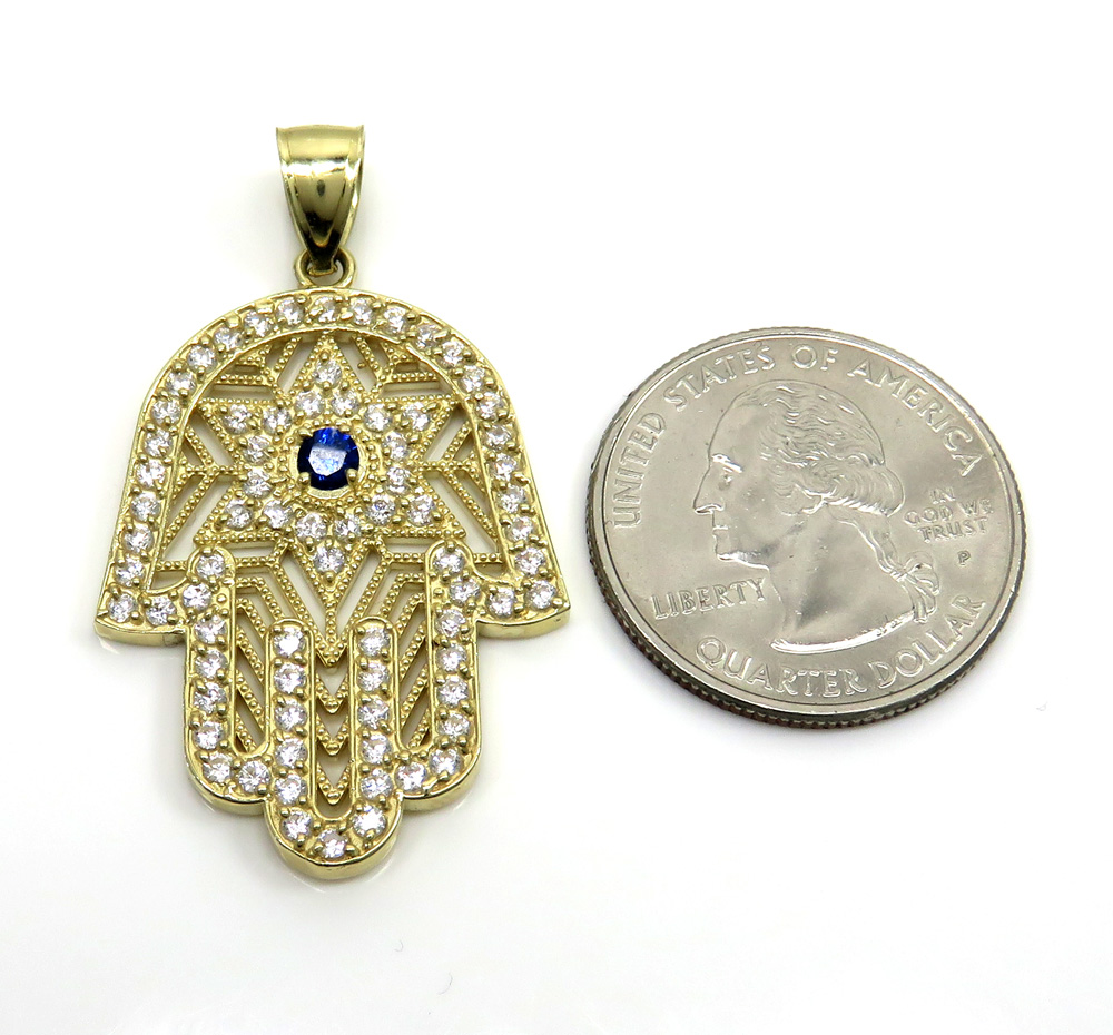 10k yellow gold blue cz star of david hamsa pendant 2.00ct - Image 2