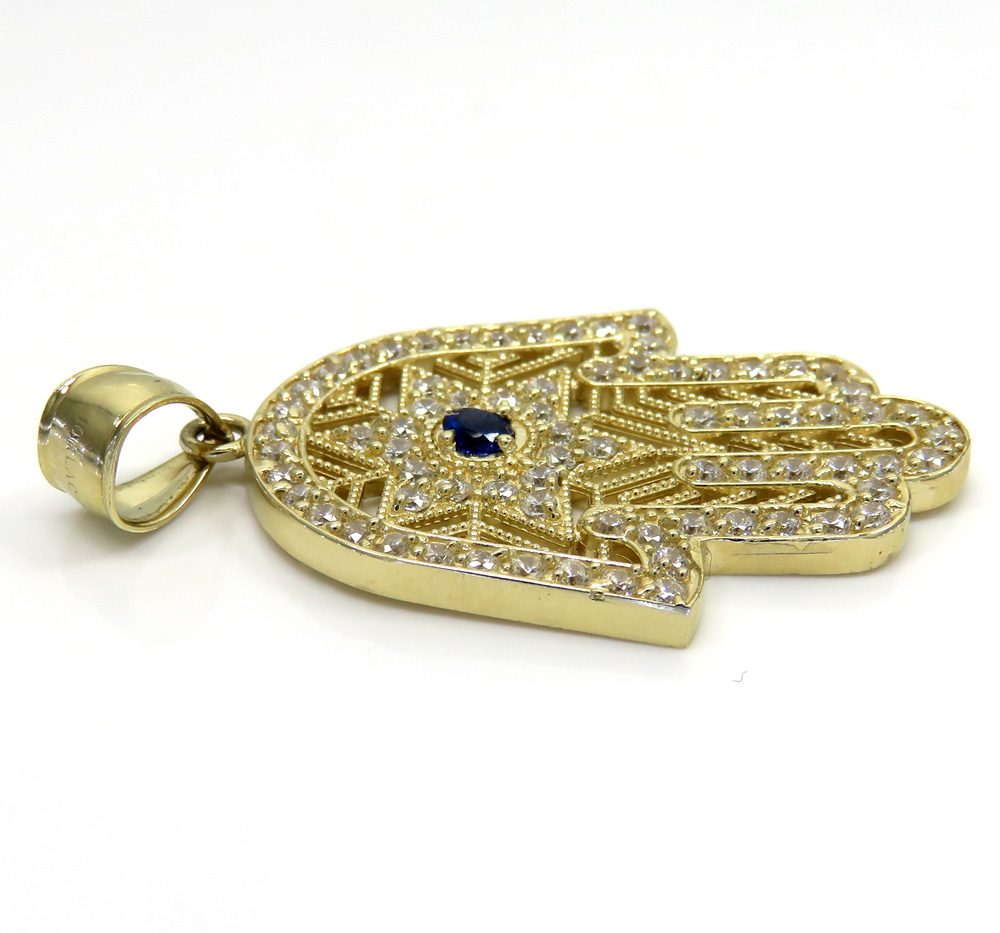 10k yellow gold blue cz star of david hamsa pendant 2.00ct