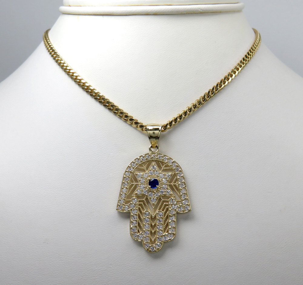 10k yellow gold blue cz star of david hamsa pendant 2.00ct