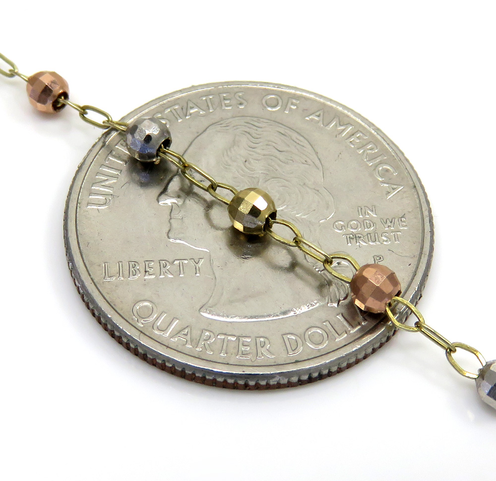 10k yellow gold tri tone disco ball skinny bead rosary chain 24 inch 3 mm 