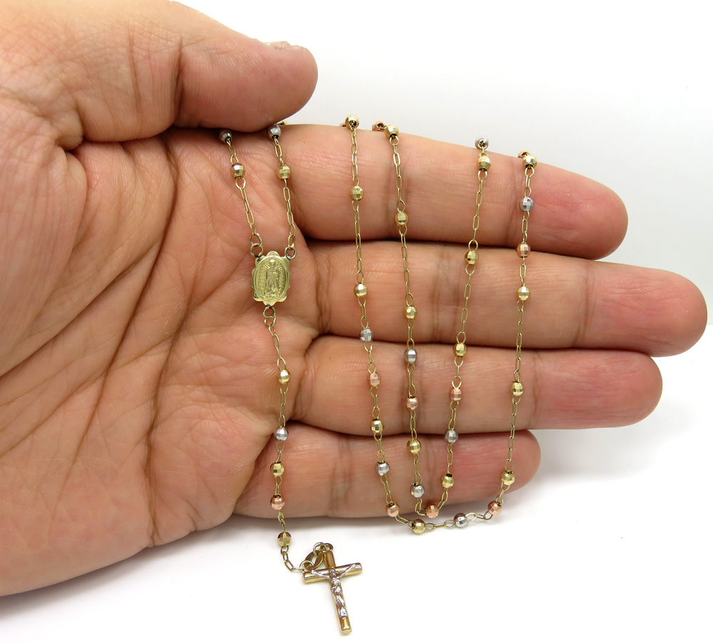 10k yellow gold tri tone disco ball skinny bead rosary chain 24 inch 3 mm 