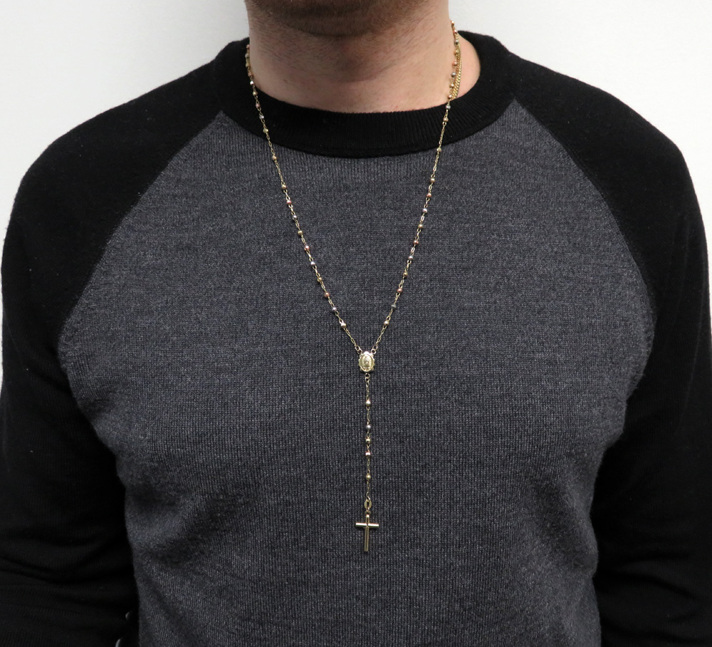 10k yellow gold tri tone disco ball skinny bead rosary chain 24 inch 3 mm 