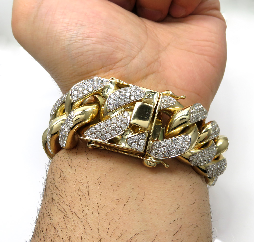 10k solid yellow gold xxl diamond miami bracelet 9.25 inch 27mm 24.23ct