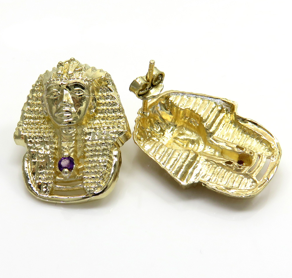 14k yellow gold amethyst king tut pharaoh earrings 0.10ct