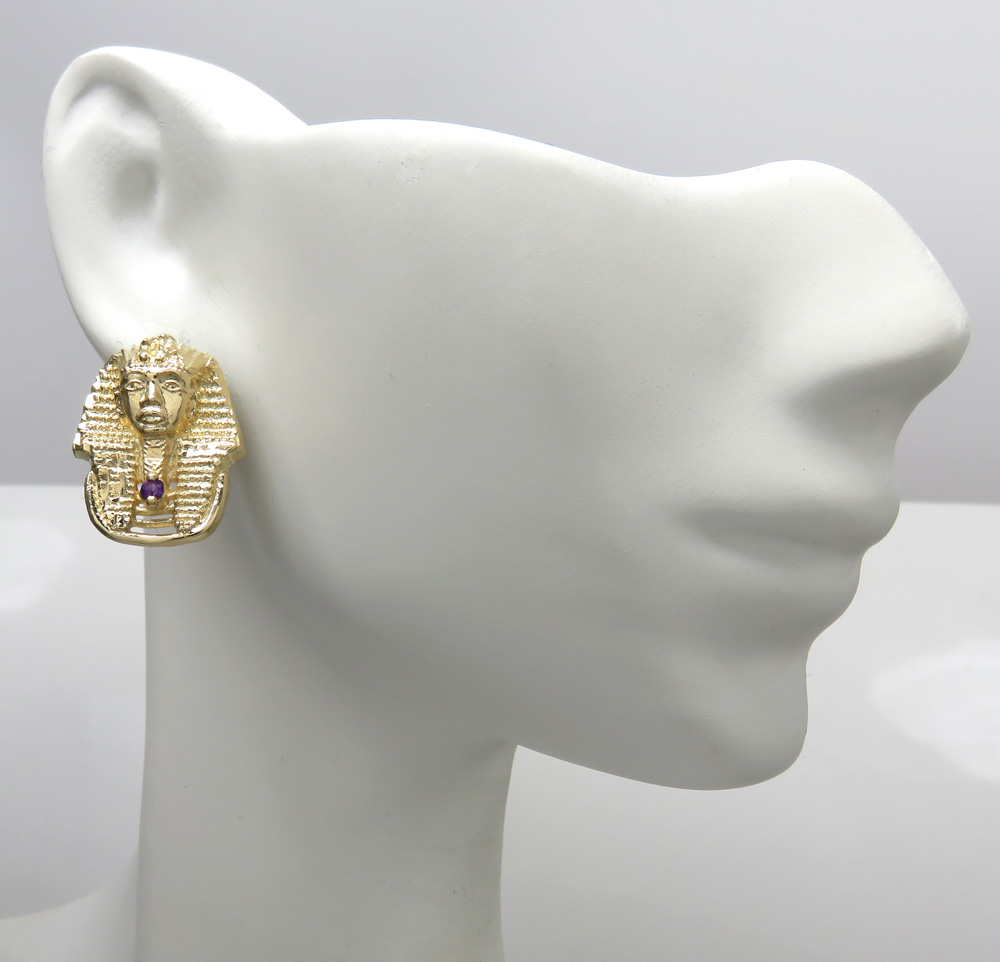 14k yellow gold amethyst king tut pharaoh earrings 0.10ct