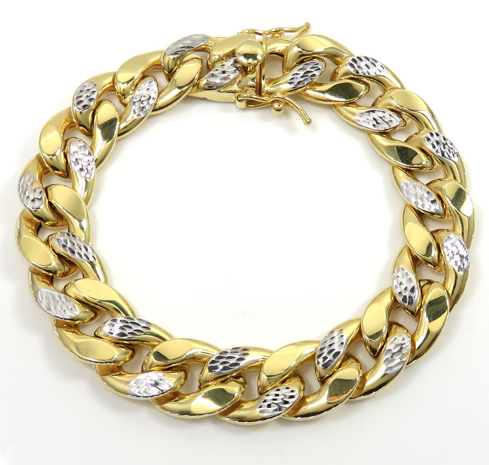 10k yellow gold one sided diamond cut two tone cuban bracelet 9