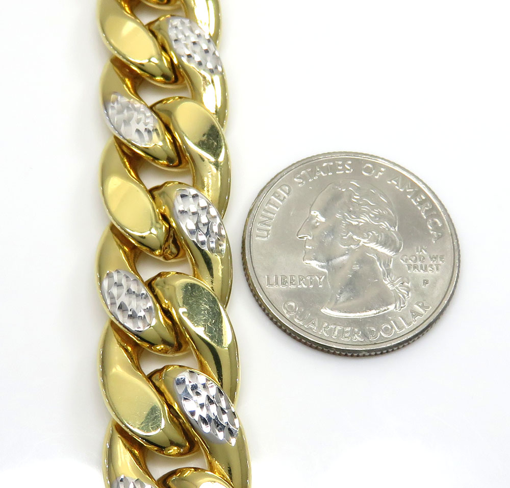 10k yellow gold one sided diamond cut two tone cuban bracelet 9