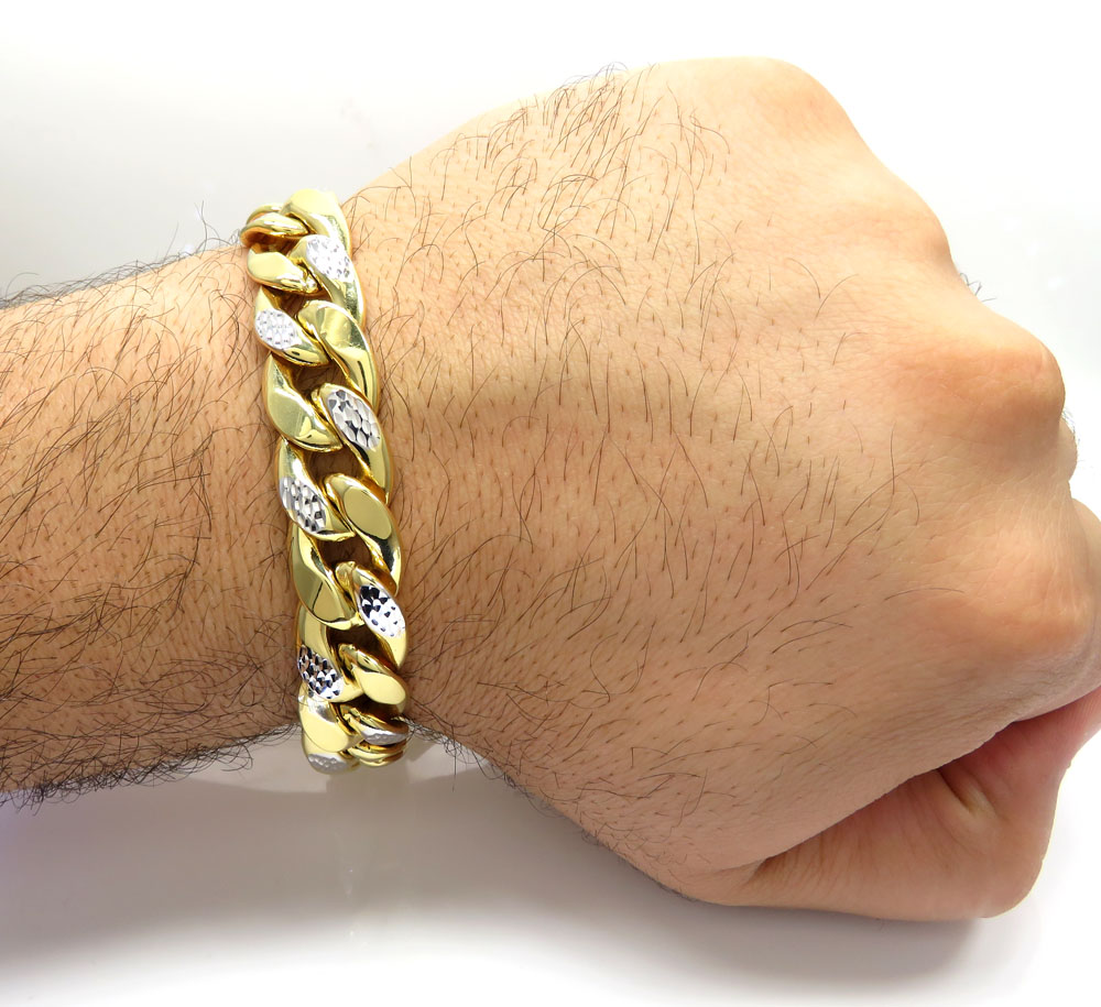 10k yellow gold one sided diamond cut two tone cuban bracelet 9