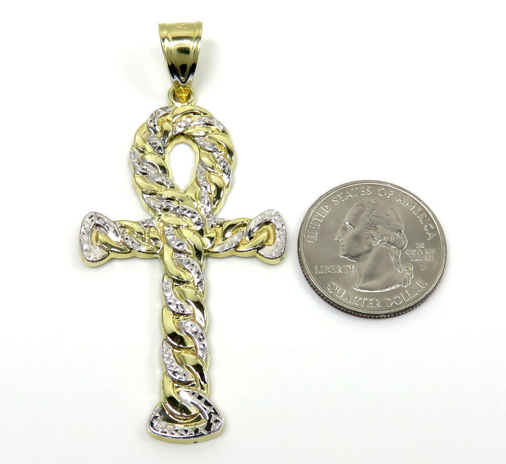 10k yellow gold hollow diamond cut cuban ankh cross 