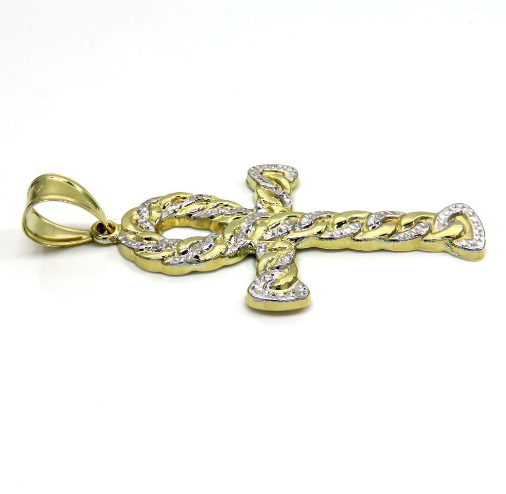 10k yellow gold hollow diamond cut cuban ankh cross 