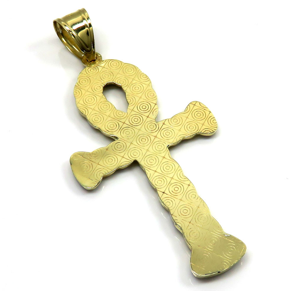 10k yellow gold hollow diamond cut cuban ankh cross 