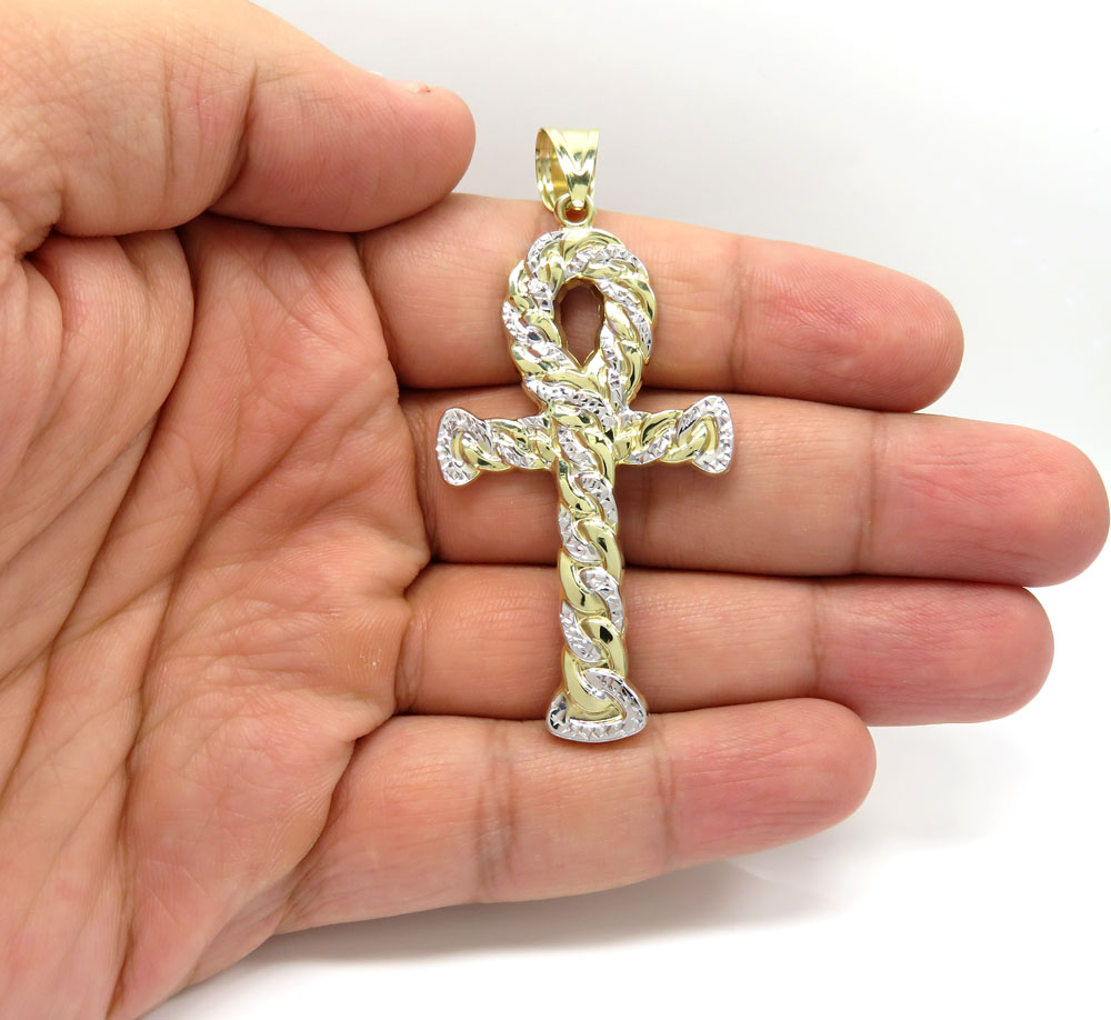 10k yellow gold hollow diamond cut cuban ankh cross 