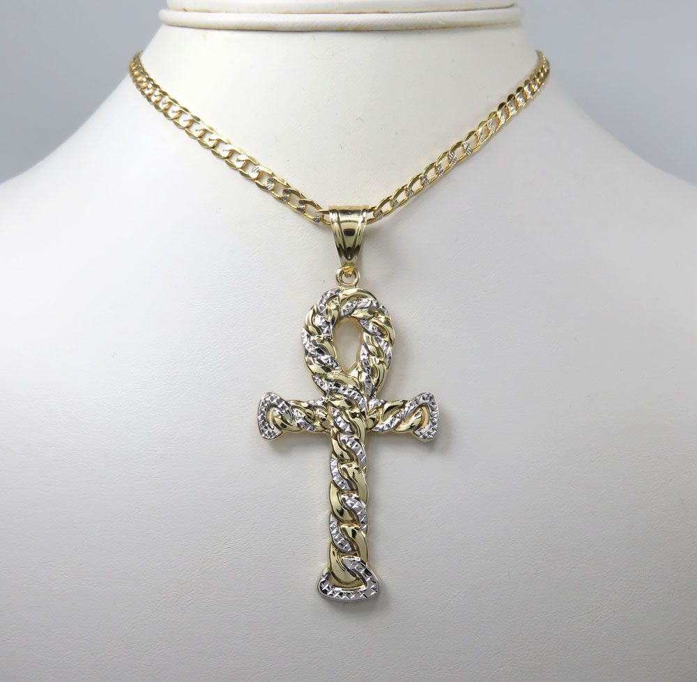 10k yellow gold hollow diamond cut cuban ankh cross 