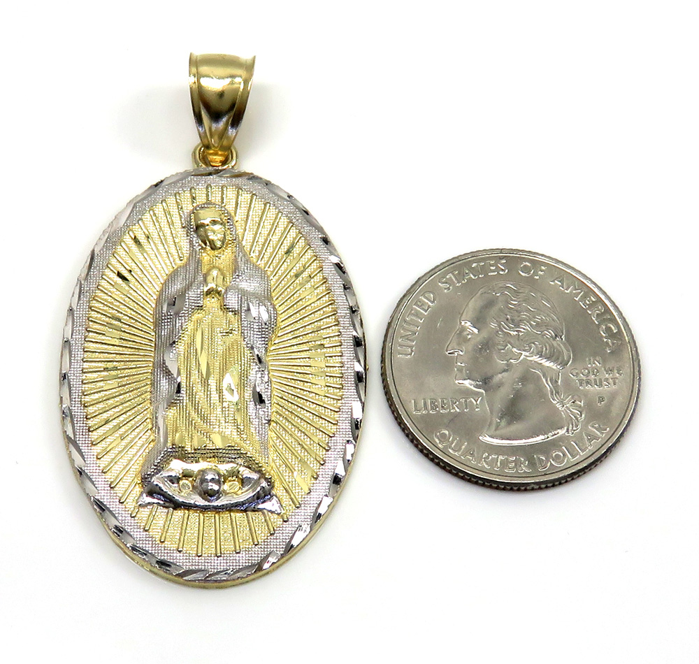 10k two tone gold diamond cut virgin mary oval pendant 
