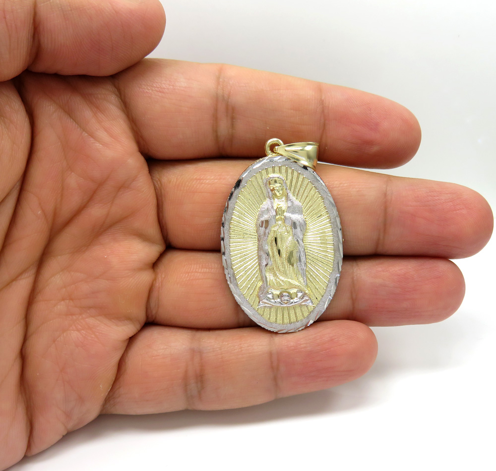 10k two tone gold diamond cut virgin mary oval pendant  - Image 5