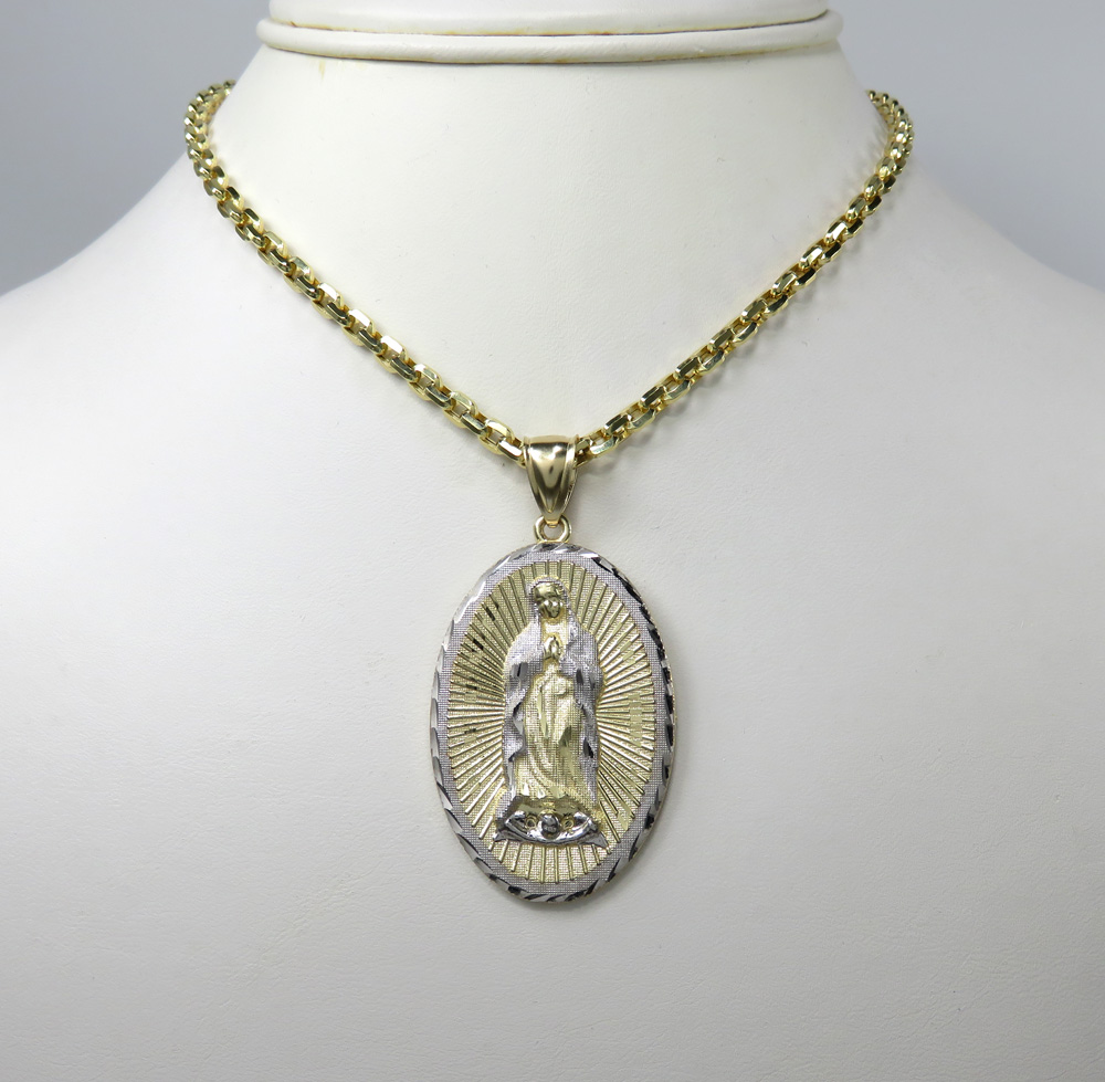 10k two tone gold diamond cut virgin mary oval pendant 