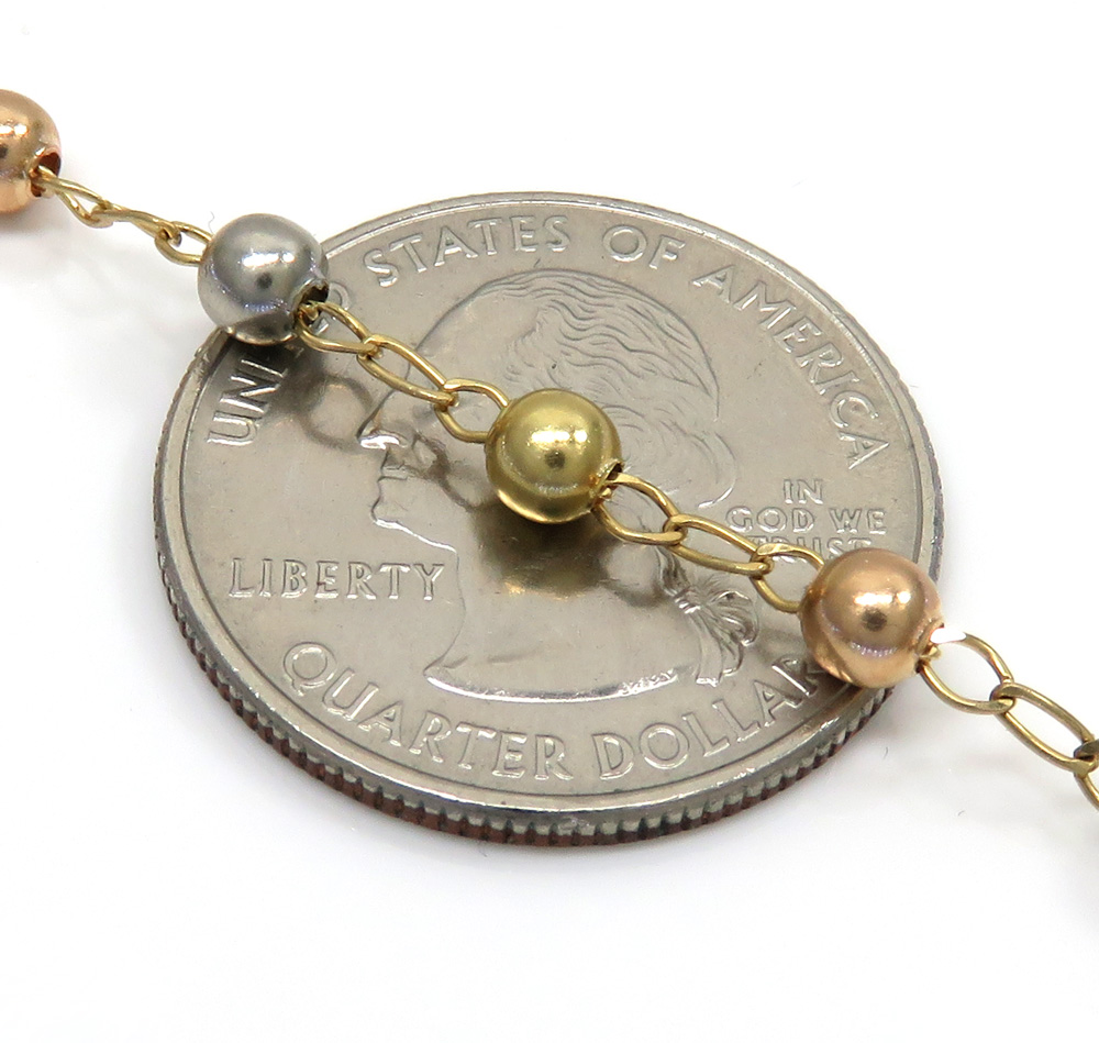 10k yellow gold tri tone smooth bead rosary chain 28 inch 4mm 