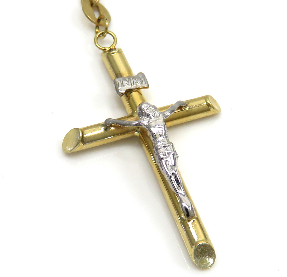 10k yellow gold tri tone smooth bead rosary chain 28 inch 4mm 