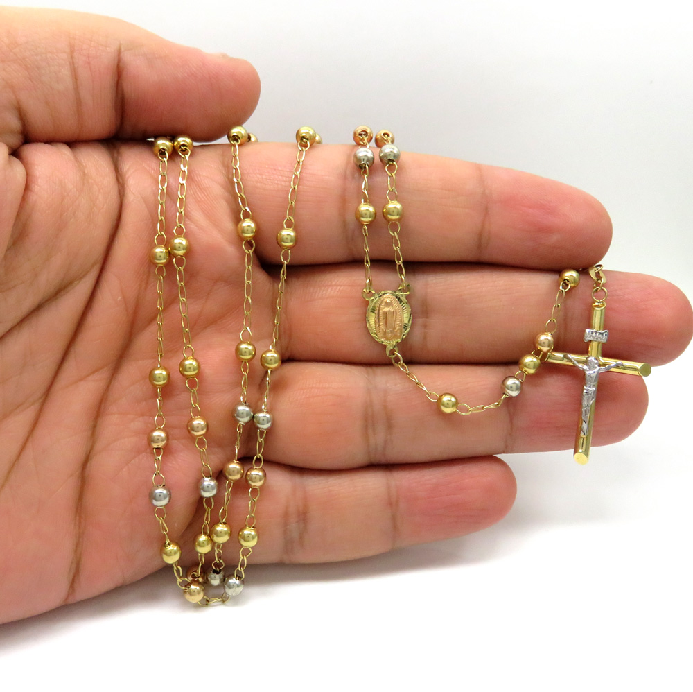 10k yellow gold tri tone smooth bead rosary chain 28 inch 4mm 