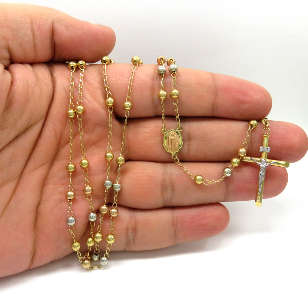 10k yellow gold tri tone smooth bead rosary chain 28 inch 4mm  - Image 5