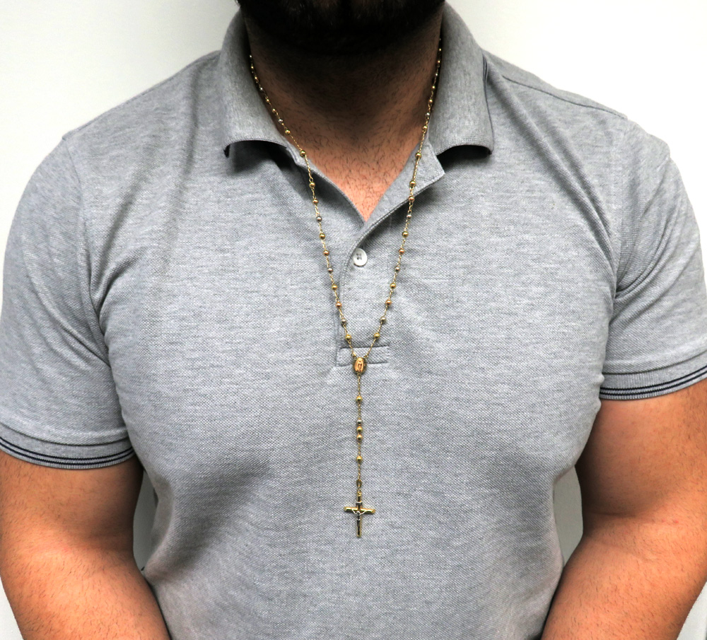 10k yellow gold tri tone smooth bead rosary chain 28 inch 4mm 