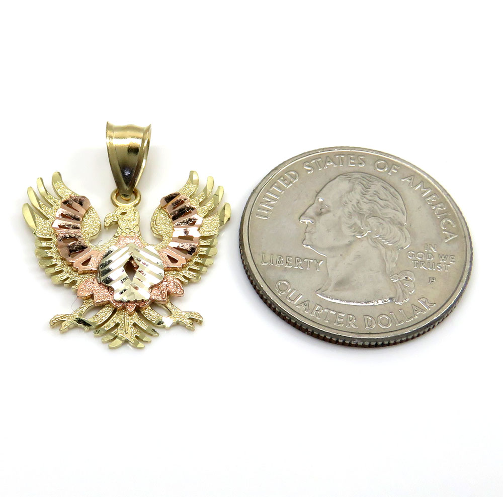 10k tri color gold small diamond cut albanian eagle pendant