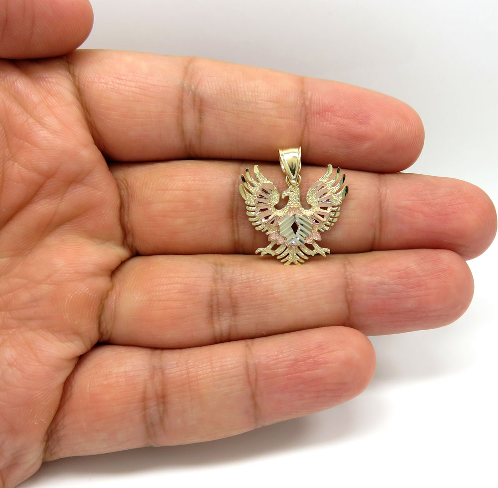 10k tri color gold small diamond cut albanian eagle pendant - Image 5