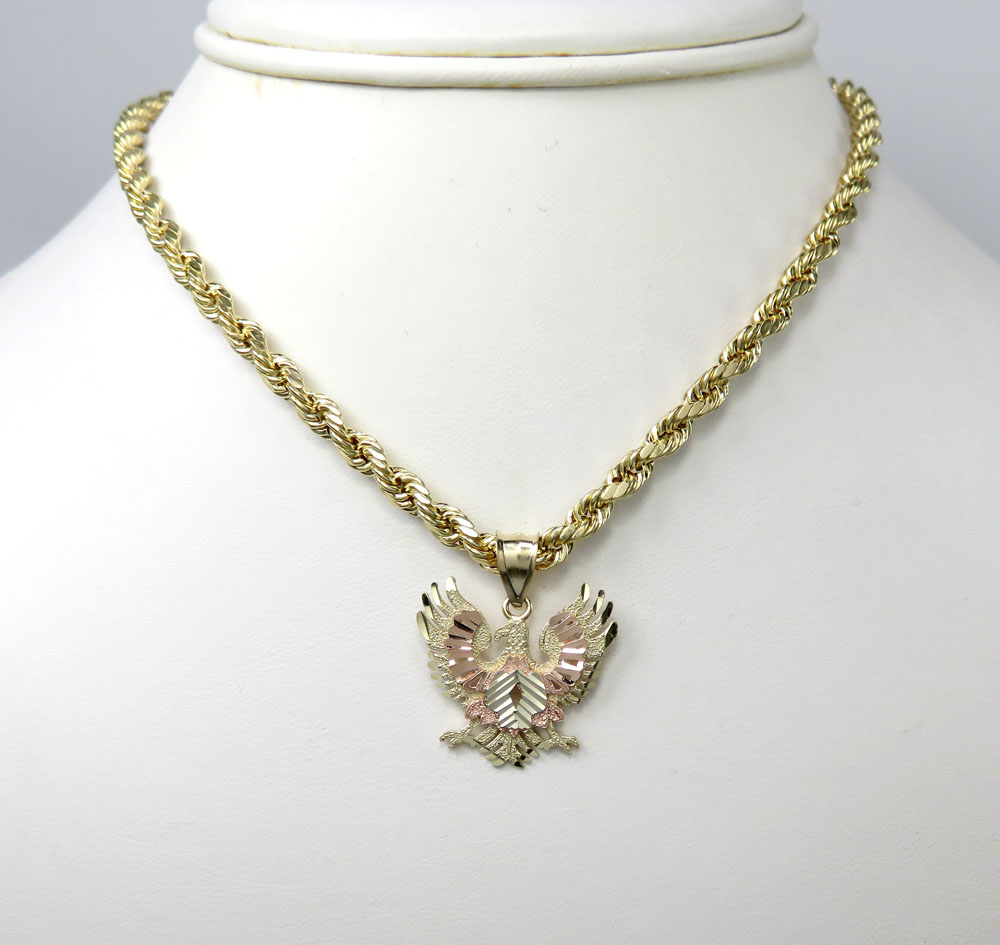 10k tri color gold small diamond cut albanian eagle pendant