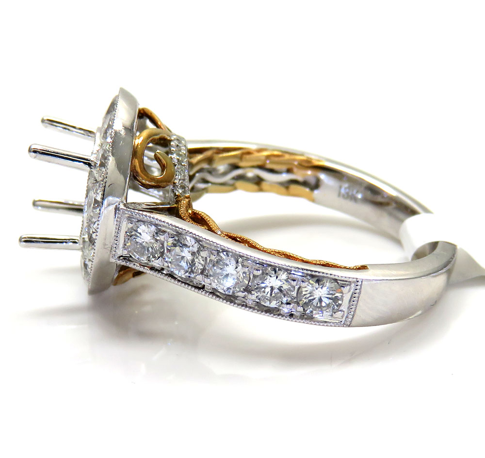 18k two tone gold round diamond halo semi mount ring 1.45ct 