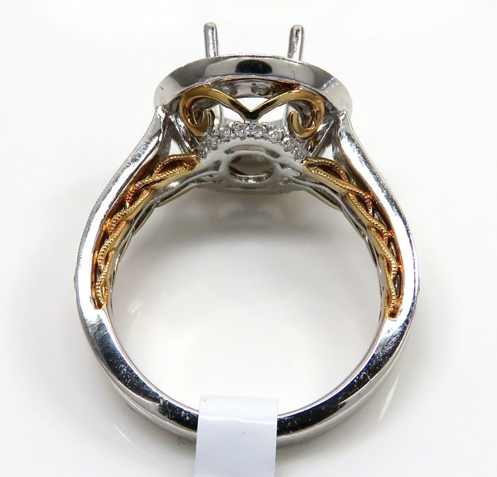 18k two tone gold round diamond halo semi mount ring 1.45ct 