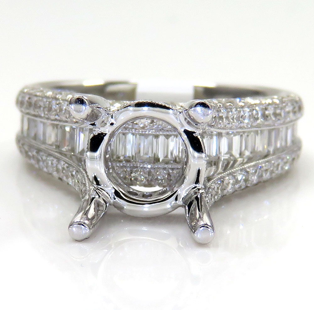 18k white gold round & baguette diamond semi mount ring 1.47ct