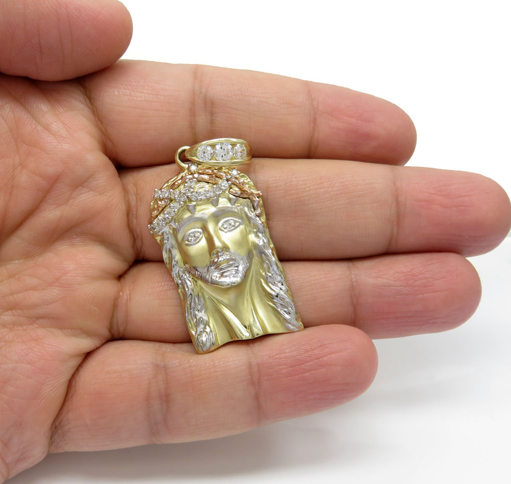 14k tri color gold cz solid jesus pendant 0.90ct