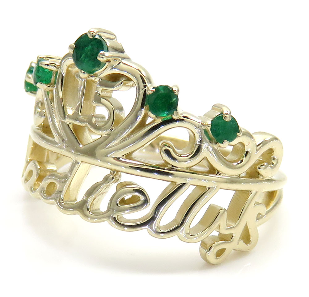 14k yellow gold custom name emerald ring 0.15ct