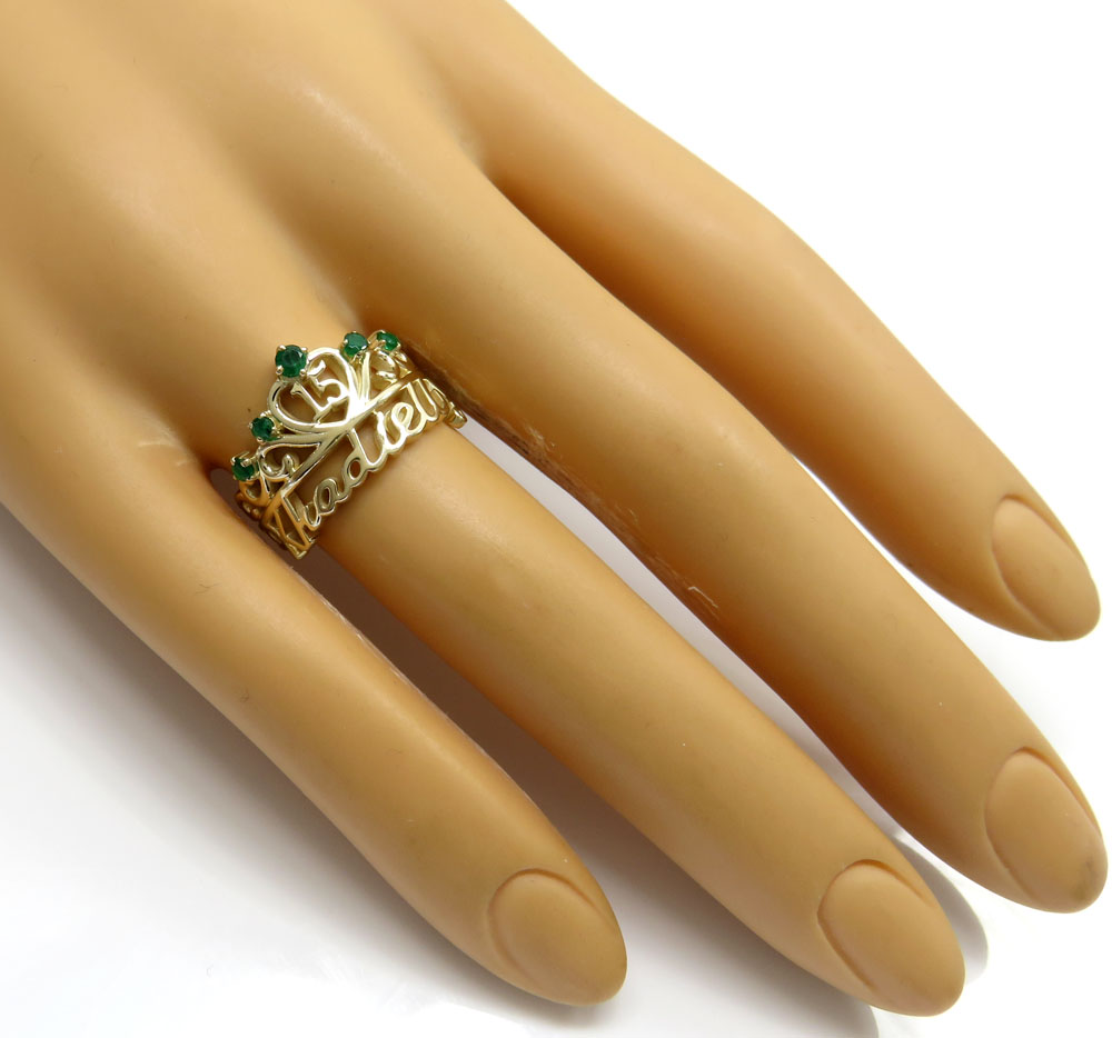 14k yellow gold custom name emerald ring 0.15ct
