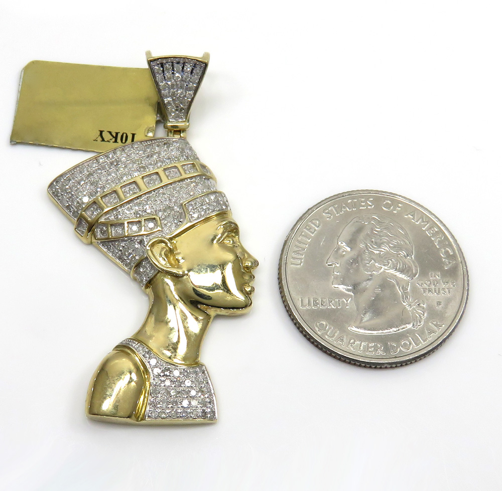 10k yellow gold diamond nefertiti medium head pendant 1.00ct