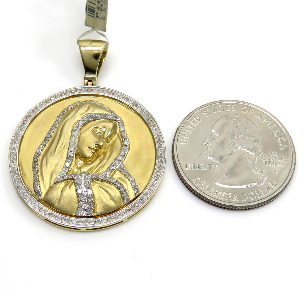 10k yellow gold round diamonds virgin mary pendant 0.95ct - Image 2