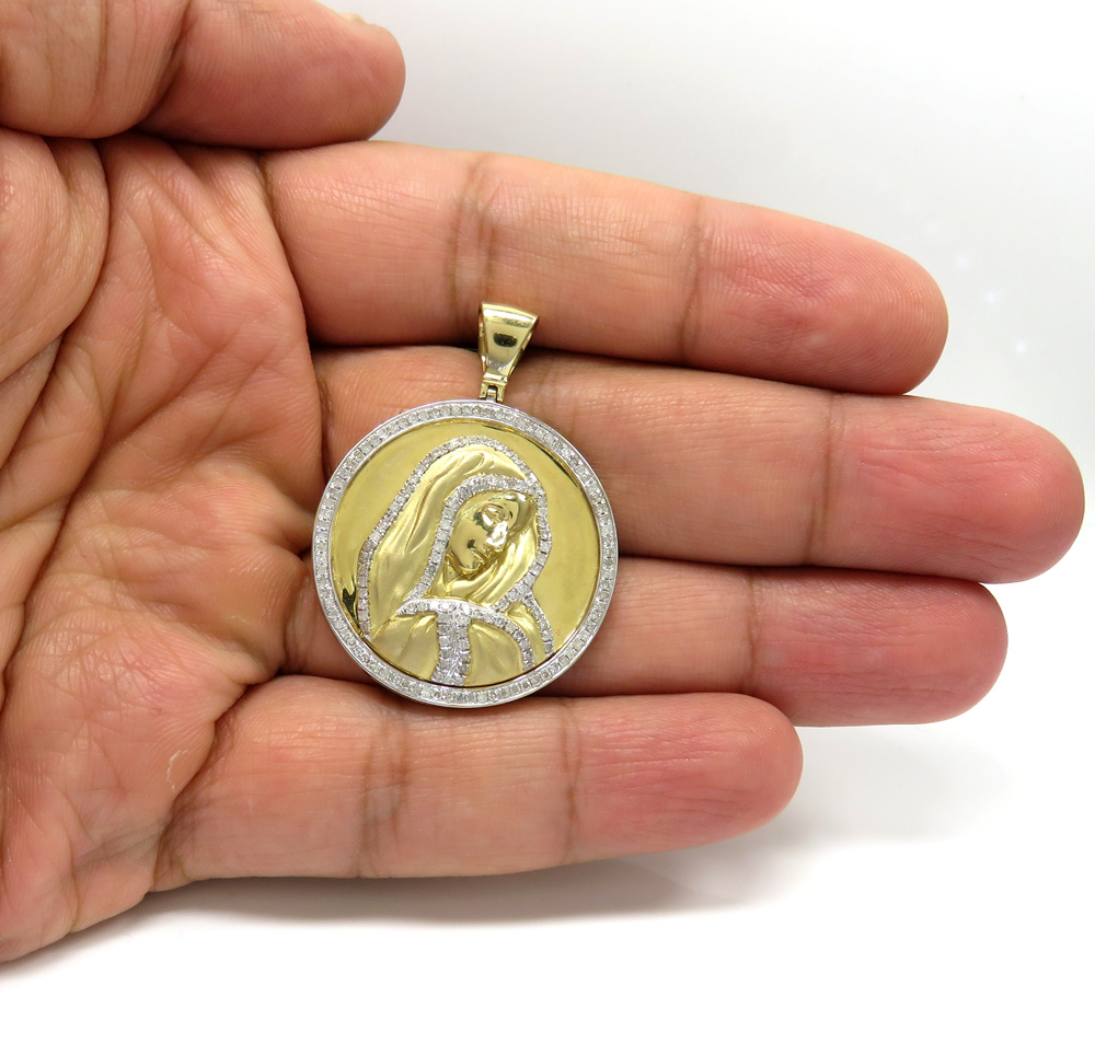 10k yellow gold round diamonds virgin mary pendant 0.95ct - Image 5