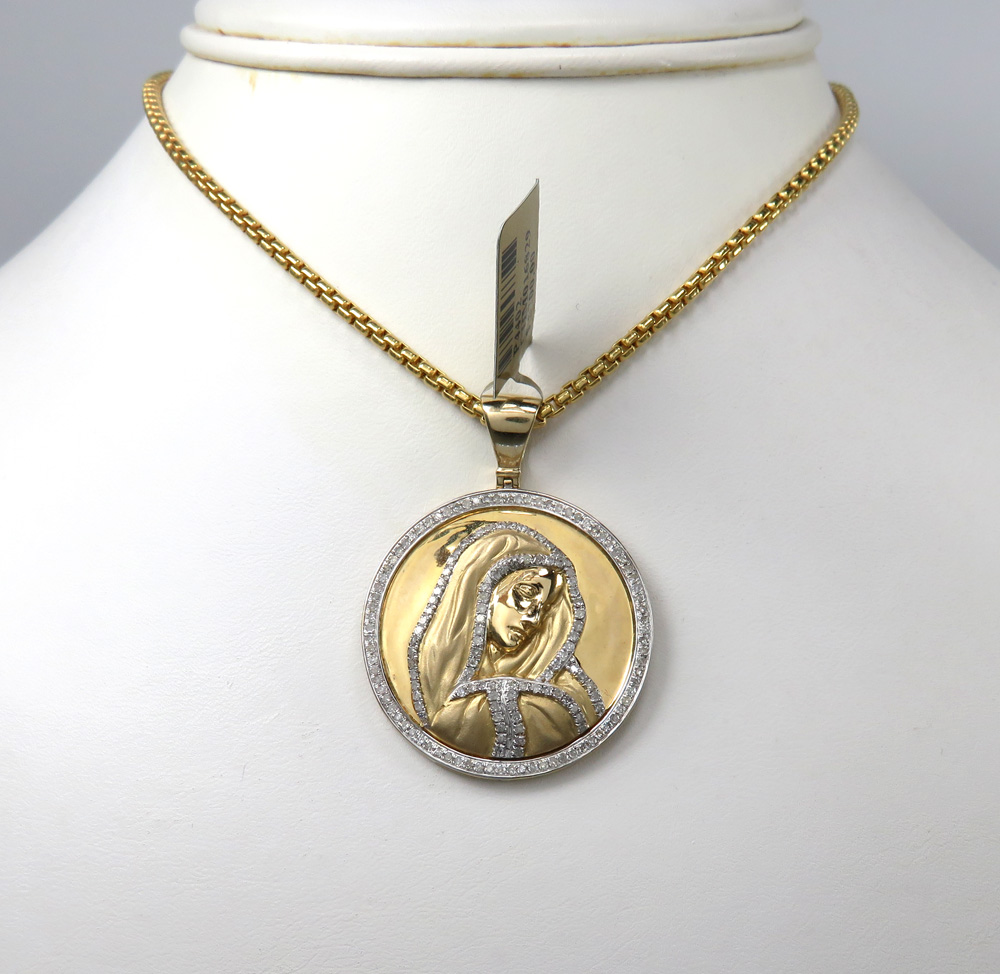 10k yellow gold round diamonds virgin mary pendant 0.95ct - Image 6