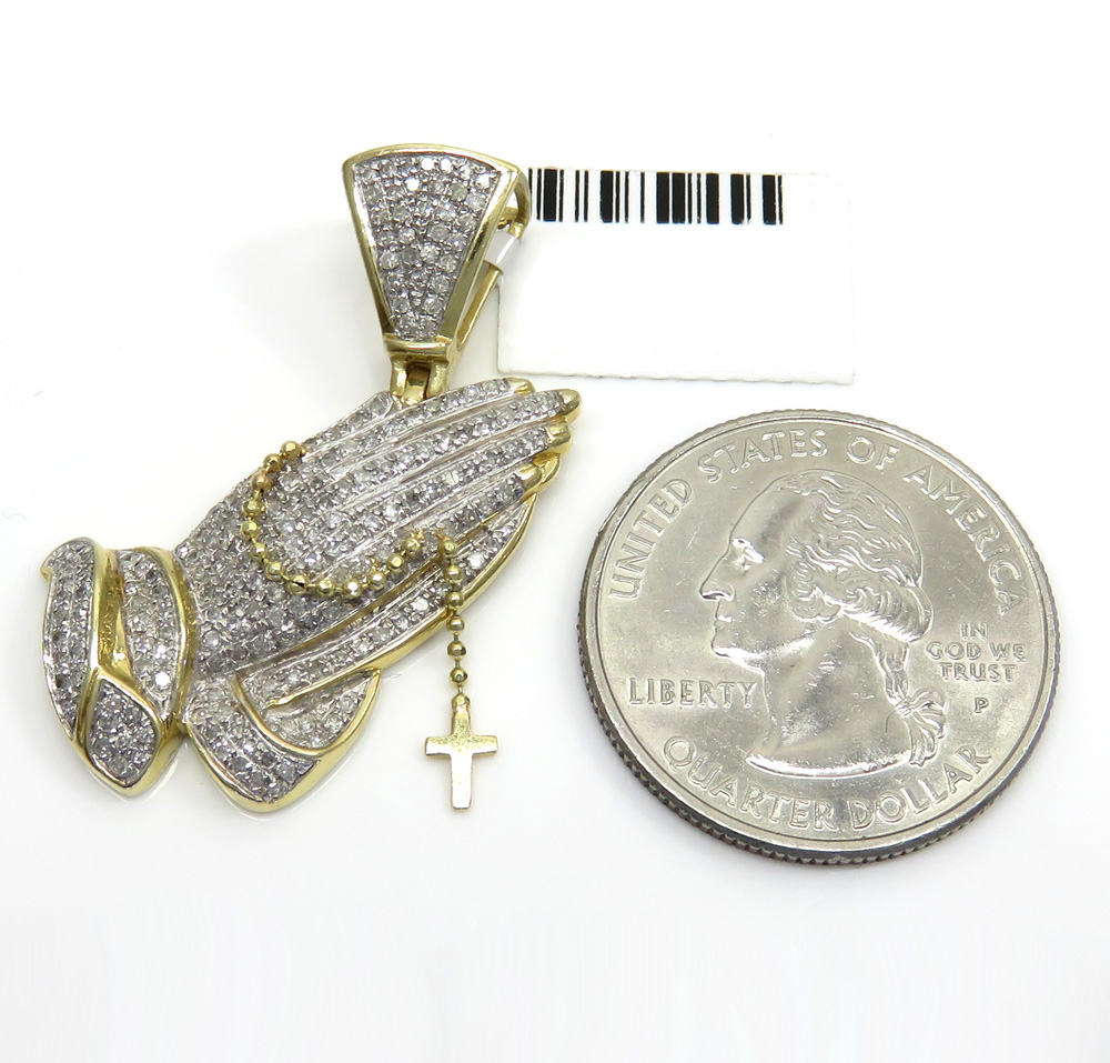 14k yellow gold diamond praying hands hanging cross pendant 0.81ct - Image 2